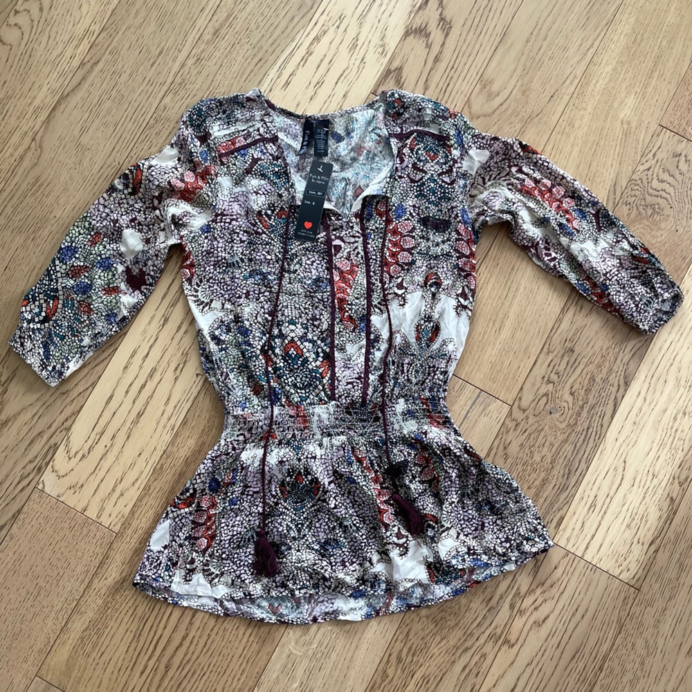 Fun & Flirt Boho Festival Paisley Tassle 3/4 Sleeve Cinched Waist Blouse Small